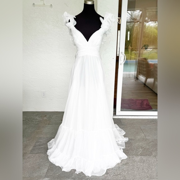 Mac Duggal White Ruffle Rosette Tiered Cut Out Chiffon 67911 Maxi Dress Wedding - Picture 3 of 8